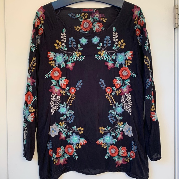 JOHNNY WAS Oversized BLOUSE Embroidered Pullover Top Tunic M BOHO Floral Black - Picture 3 of 9